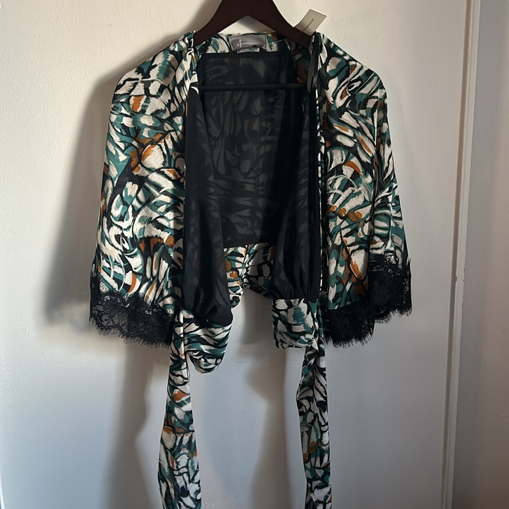 New Anthropologie Lace Trimmed Flutter Sleeve Abstract Chiffon Print Wrap Blouse - Picture 9 of 14